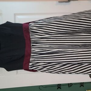 Black and White Striped Dress with Burgundy Accent